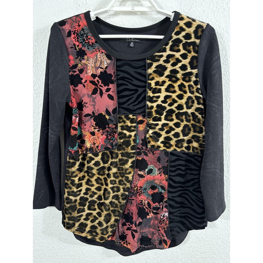 Calessa Shirt Womens Medium Black Patchwork‎ Leopard Zebra Floral 3/4 Sleeve